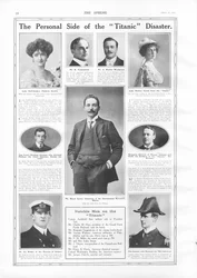 Passasjerer på RMS Titanic, fotografier og opplysninger om fremtredende personer knyttet til Titanic, fra The Sphere, 27. april 1912