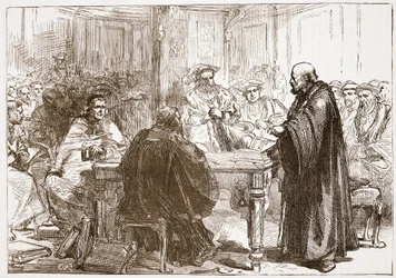Pastor Olaf på konferansen i Upsala, illustrasjon fra The History of Protestantism av James Aitken Wylie (1808-1890), pub. 1878