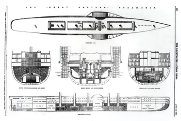 Plan og tverrsnitt av Great Eastern dampskipet, 1857