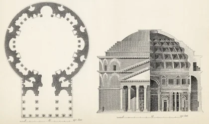 Plan og fasadeoppriss av Pantheon i Roma, fra The National Encyclopaedia, utgitt av William Mackenzie, London, sent på 1800-tallet