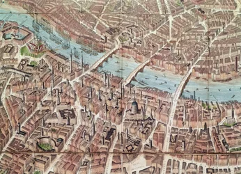 Plan over London ser mot Southwark (håndfarget gravering)