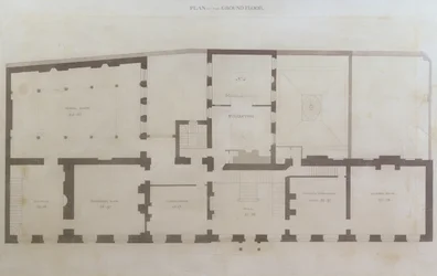 Planer for første etasje i Albemarle Street 21 etter de første endringene av huset etter anskaffelse av det av Royal Institution, ca. 1800 (blyant og wc på papir)
