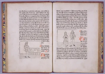 Plate C5v-C6r, fra "Hier begynneth the book callid the myrrour of the worlde" av William Caxton, 1481 (tresnitt og boktrykk)