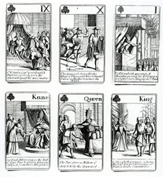 Spillekort som viser hendelsene fra den spanske armadaen, 1699