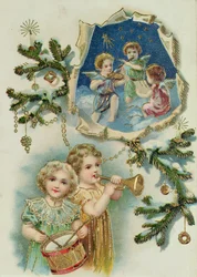 Spille musikkinstrumenter, viktoriansk julekort (trykk)