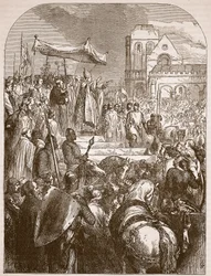 Pave Urban II forkynte det første korstoget på markedsplassen i Clermont, 1096, illustrasjon fra Cassells Illustrated History of England (sepiafoto)