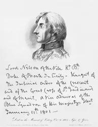 Portrett av admiral Horatio Nelson med sin håndskrift
