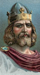 Portrett av Alfred den store (Alfred den store, 849-899), King of Wessex, 800-tallet e.Kr. - Fra serien "" Leaders of Men""" - Chromolithography - English School, 20. århundre -