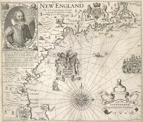 Portrett av kaptein John Smith. Et bilde av kysten av New England, i "A Description of New England: or the Observations ...", av John Smith