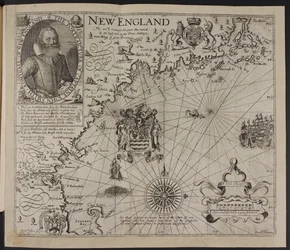 Portrett av kaptein John Smith. Et bilde av kysten av New England, i "A Description of New England: or the Observations ...", av John Smith