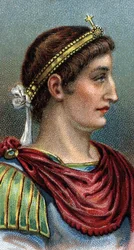 Portrait of Constantine the Great (Constantine I the Great, 270-337) - Fra serien "" Leaders of Men"" - Chromolithography - English School, 20. århundre -