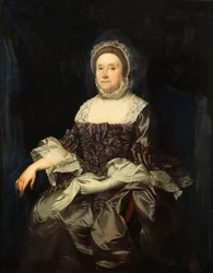 Portrett av Deborah Worsley av Platt, sittende tre fjerdedels lengde, i en rødfarget kjole med hvit blondekrage og mansjetter, med et par hansker, ca. 1760