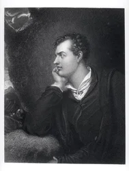 Portrett av George Gordon, 6. Lord Byron av Rochdale (1788-1824) (gravering) (s/hvitt foto)