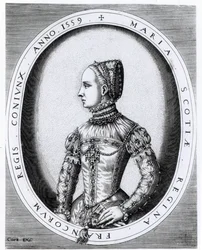 Portrett av Maria Stuart, dronning av Skottland (1542-87), gravert av Hieronymus Cock (ca. 1510-70), 1559