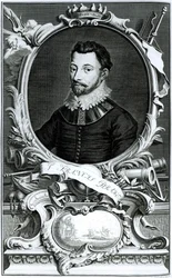 Portrett av Sir Francis Drake (ca. 1540-96) gravert av Jacobus Houbraken (1698-1780) (gravering) (bw-foto)