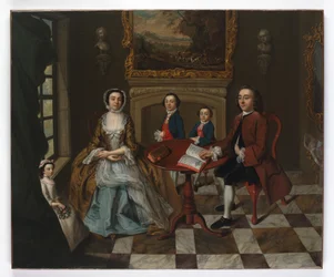 Portrett av en familie i et interiør, antatt å være Roubel-familien, 1750-tallet
