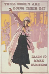 Plakat som viser kvinner som lager ammunisjon (litho i farger)