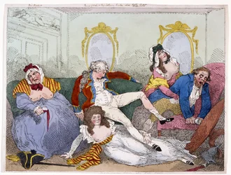 Prince Regent i en utslitt stat (håndfarget gravering)