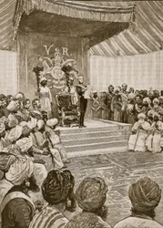 Proklamasjon av dronningen som keiserinne av India i 1877, illustrasjon fra Cassells Illustrated History of England (sepiafoto)