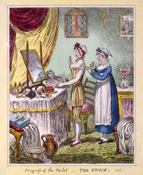 Progress of the Toilet - The Stays Plate 1, pub. av McCleary, London, 1810 (håndfarget gravering)