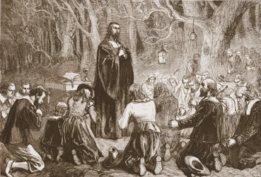 Protestantisk tilbedelse om natten i kirken i ørkenen, illustrasjon fra The History of Protestantism av James Aitken Wylie (1808-1890), pub. 1878