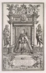 Dronning Elizabeth I (1533-1603) som beskytter av geografi og astronomi, frontispice til en bok med saksiske kart over England, 1579