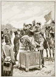 Dronning Victoria ved den første presentasjonen for Victoria Cross, illustrasjon fra Cassells Illustrated History of England (sepiafoto)