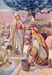 Rebekka ved brønnen, fra «A Book of Modern Palestine» av Richard Penlake, utgitt ca. 1910 (trykk)