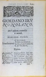 Res 28610 Første side av De lInfinito Universo et Mondi av Giordano Bruno, utgitt i London, 1584 (trykt papir)