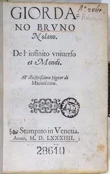 Res 28610 Tittelside til De lInfinito Universo et Mondi av Giordano Bruno, utgitt i London, 1584 (trykt papir)