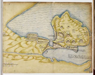 Richard Grenvilles plan av Tintagel, ca. 1583 (penn og akvarell på papir)
