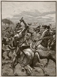 Richard III i slaget ved Bosworth, illustrasjon fra Cassells Illustrated History of England (sepia-foto)