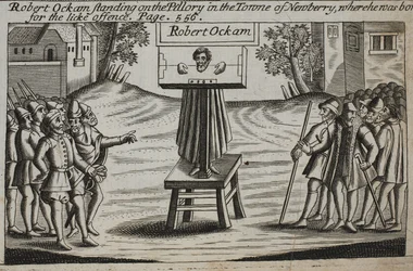 Robert Ockam stående på søylen i byen Newberry, hvor han ble født, illustrasjon fra Acts and Monuments av John Foxe, niende utgave, pub. 1684