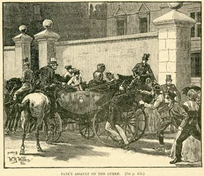 Robert Pates Striking the Queen utenfor Cambridge House, illustrasjon hentet fra The Life and Times of Queen Victoria, Vol. II av Robert Wilson, 1888