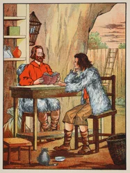 Robinson Crusoe og Friday, illustrasjon fra The Story of Robinson Crusoe: An adaptation for children following Defoes language, pub. av Griffith Farran Browne & Co. Limited, London