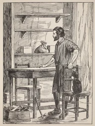 Robinson Crusoe bygger bord og stoler for hulen hans, illustrasjon fra The Story of Robinson Crusoe: En tilpasning for barn etter Defoes-språket, pub. av Griffith Farran Browne & Co. Limit