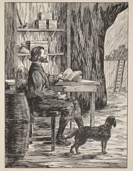 Robinson Crusoe in his hule, illustrasjon fra The Story of Robinson Crusoe: An adaptation for children following Defoes language, pub. av Griffith Farran Browne & Co. Limited, London