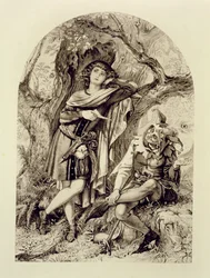 Rosalind og Touchstone, Act III Scene 2, i As You Like It, av William Shakespeare (1564-1616)