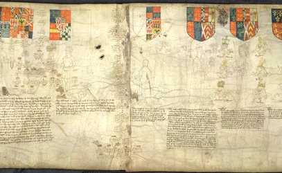 Rous Roll, f. 7cr: Venstre til høyre: Edward, jarl av Warwick (sønn av George, hertugen av Clarence); Margaret (datter av George, hertugen av Clarence); Anne Neville (datter av Richard Neville og kone til Richard III); Richard III (vellum)