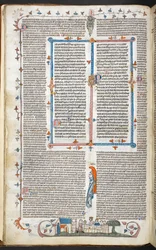 Royal 10 E. IV, f.250v Tekst med kantdekor og en King Dining, illustrasjon fra 
