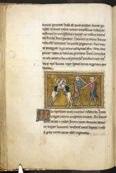 Royal 12 F.XIII, f.42v To riddere som kjemper til fots med sverd, mens hestene deres kjemper mot hverandre på bakbeina. , fra Bestiary (ff. 3-141), Lapidary (ff. 141v-149)  , 2. kvartal av 1200-tallet (vellum)