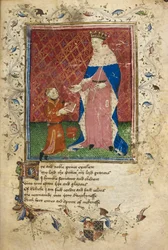 Royal 17 D. VI, f.40 Presentasjonsscene med Thomas Hoccleve i ferd med å tilby sin bok til Henry V (vellum)