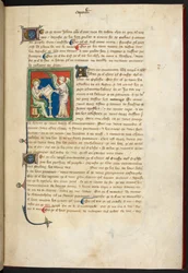 Kongelig 19 B.XV, f.3 Johannes sittende, skriver; en engel står bak skrivebordet hans, fra 'The Queen Mary Apocalypse', English School (1300-tallet)
