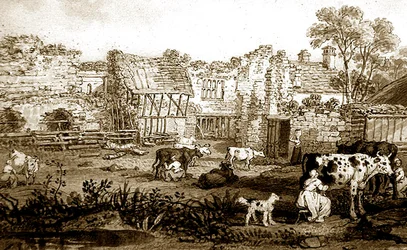 Ødelagt herregård med melkekyr, ca. 1800 (penn og sepia blekk på papir)
