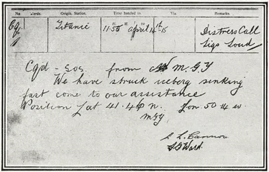 SOS-melding mottatt av den russiske damperen Birma omtrent fem minutter etter at Titanic traff et isfjell 15. april 1912, fra "The Sphere", 4. mai 1912