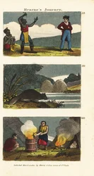 Samuel Hearne ser på en indianer sverdsvelger 58, nordamerikansk bever, Castor canadensis 59 og indianere som koker vann i en tretønne med varme steiner 60