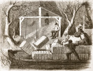 Skyting av bomullsballer inn i den fremre delen av elvedamperen Magnolia, illustrasjon fra The Illustrated London News, 1861