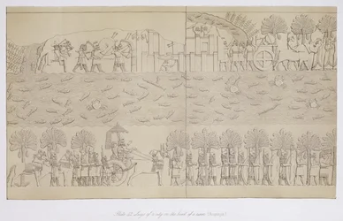 Beleiring av en by ved bredden av en elv, plate 42 fra Nineveh and its Remains av Austen Henry Layard (1817-94) publisert 1849