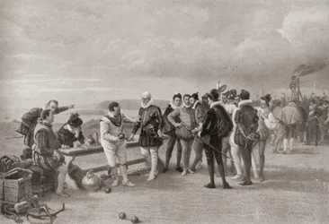 Sir Francis Drake spiller bowls, med den spanske armadaen i sikte ved Plymouth Hoe, England i 1588.