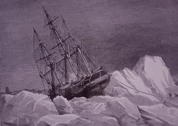 Sir John Franklin, ekspedisjon fra 1845 for å finne Nordvestpassasjen, skip Terror fast i is, sent på 1800-tallet (gravering)